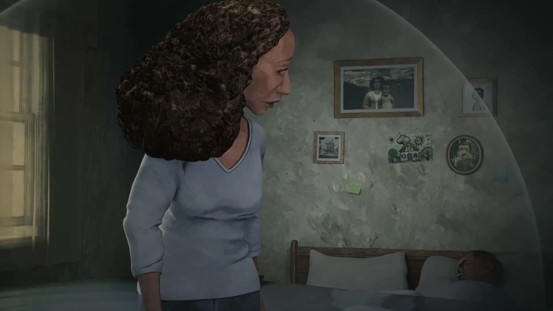 A CGI woman with curly hair sits on a bed, then stands and walks through a grocery store, all while encased in a bubble of water.