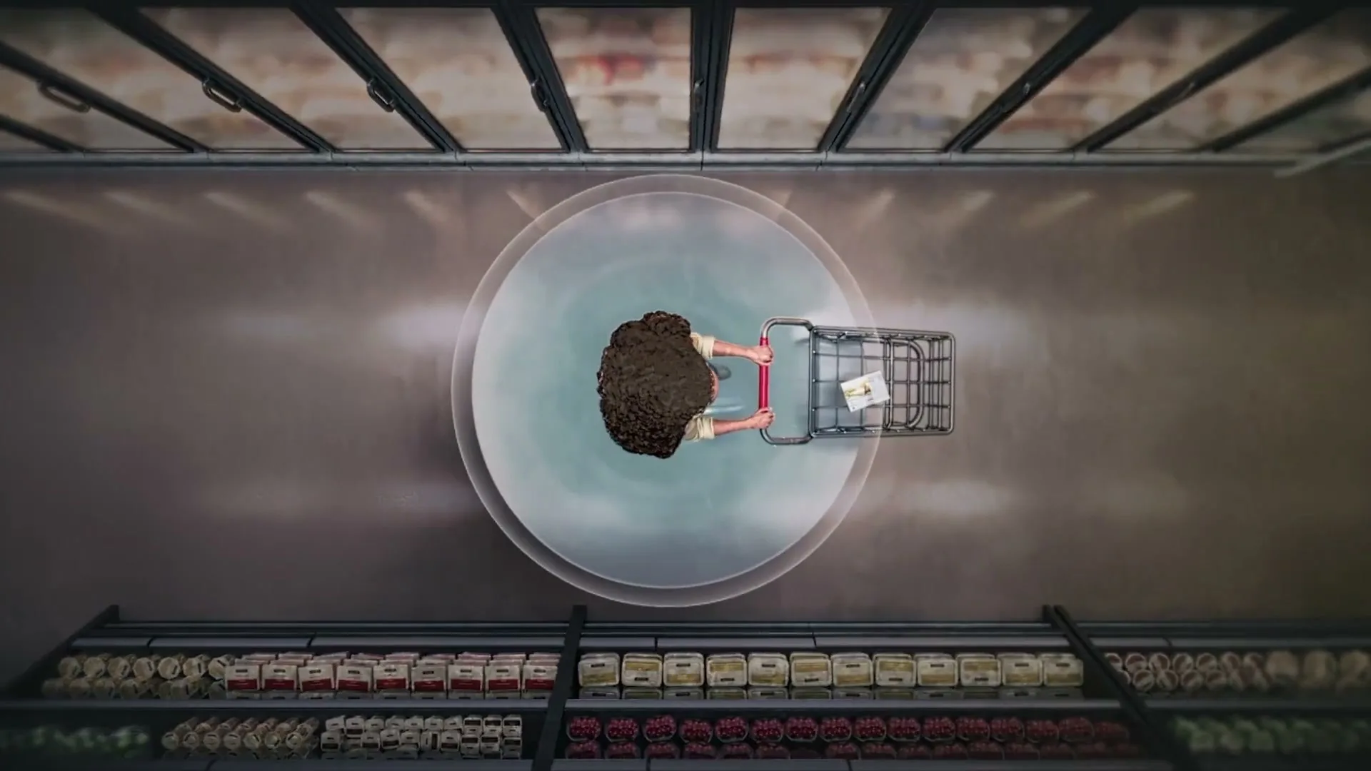 An animated woman with curly brown hair pushes a shopping cart down a grocery store aisle, seen from an overhead perspective.