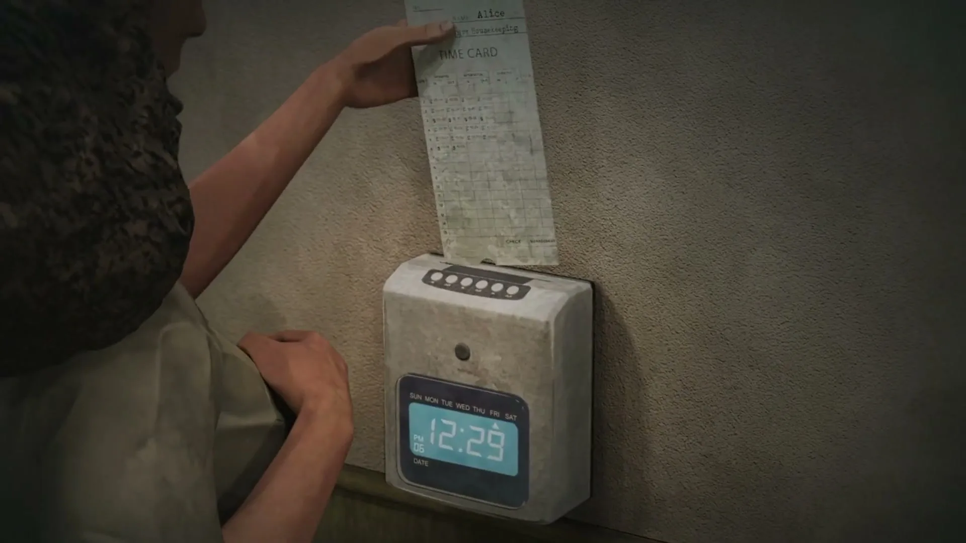A woman with dark, curly hair attempts to clock out early using a time card machine, which displays an "Early Clock-Out" message in red.