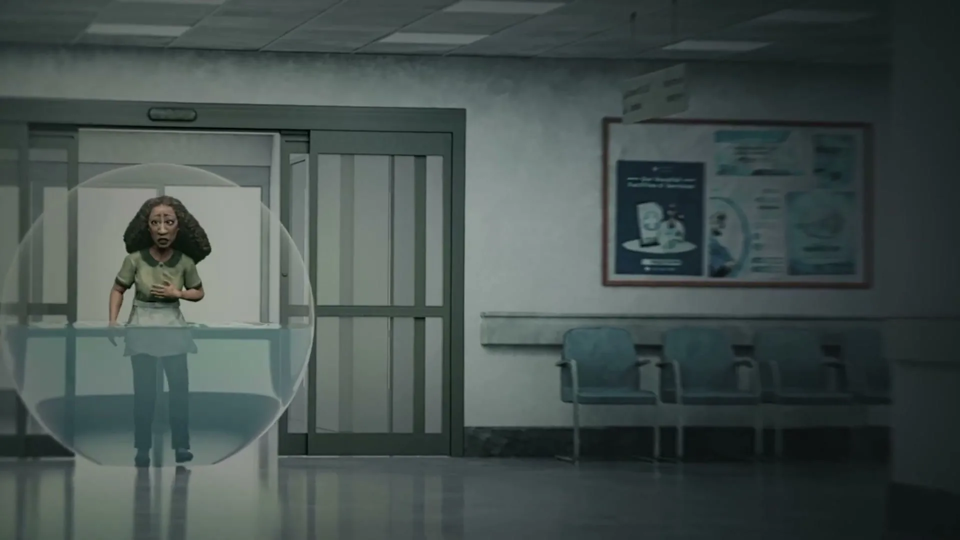A woman with dark curly hair, wearing a green shirt and blue pants, stands inside a water bubble in a hospital hallway, looking distressed as the water level rises.