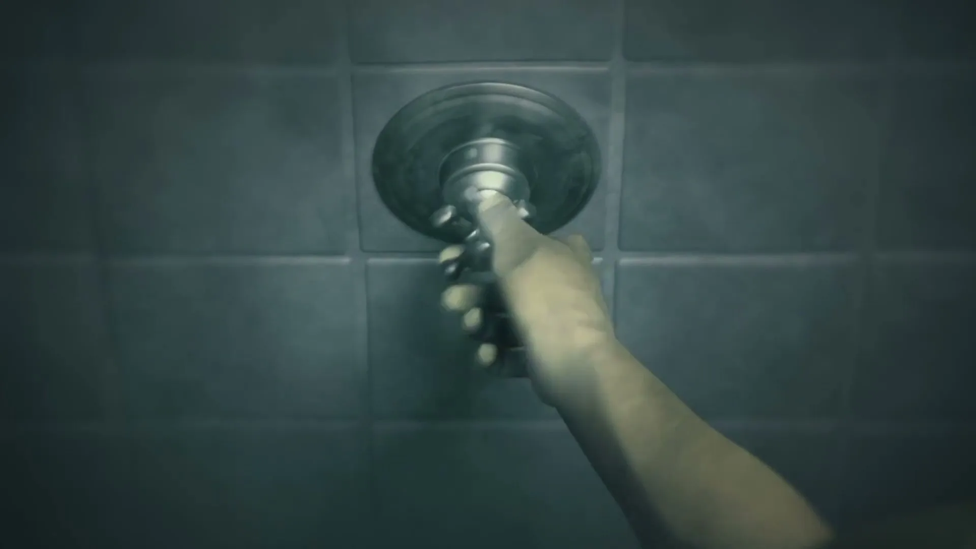 A person's hand reaches out to turn a shower knob in a dimly lit bathroom, with a sense of unease.
