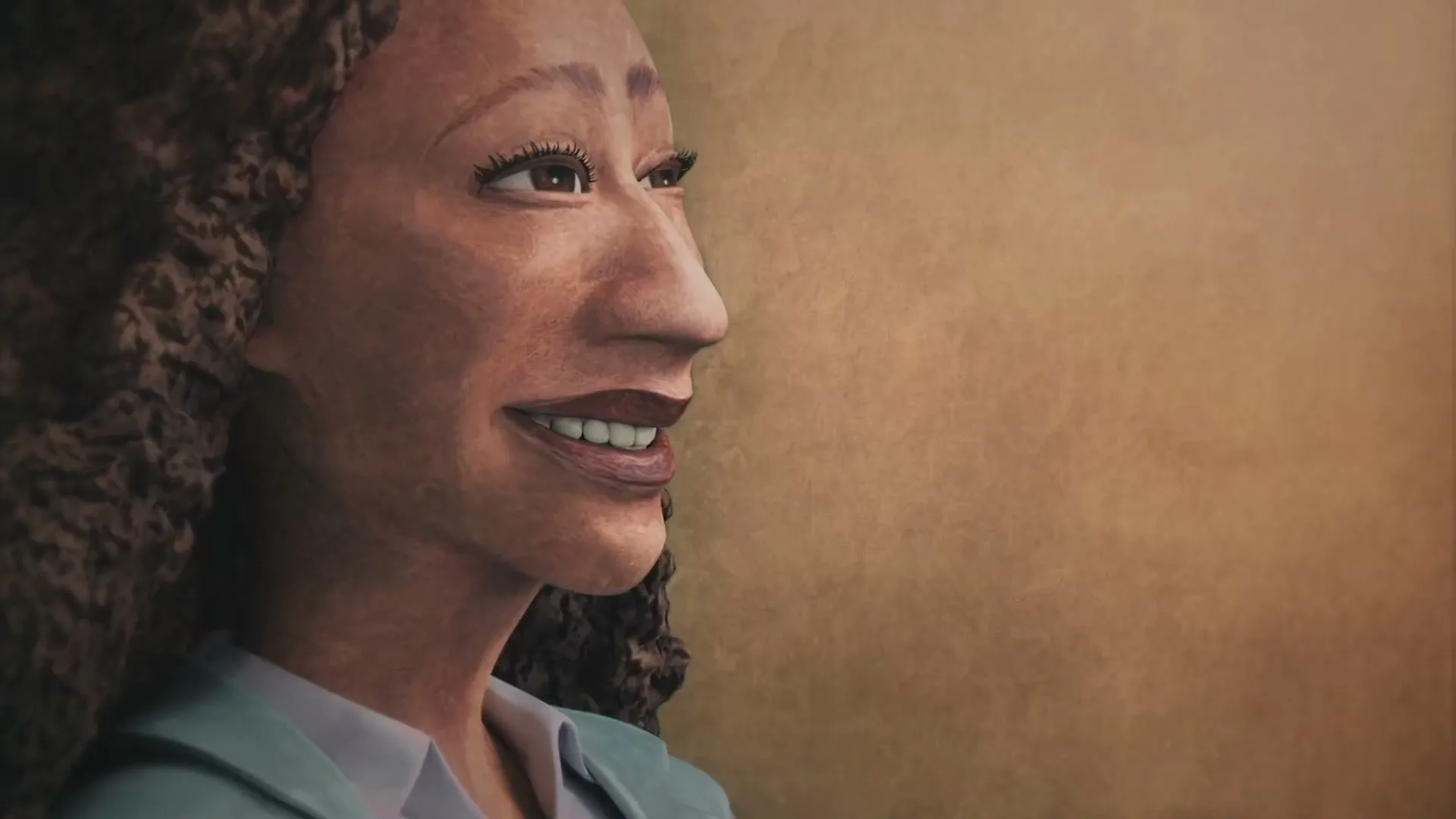 A CGI woman with curly brown hair and a light blue blazer smiles, looking off-screen to the right against a plain brown background.