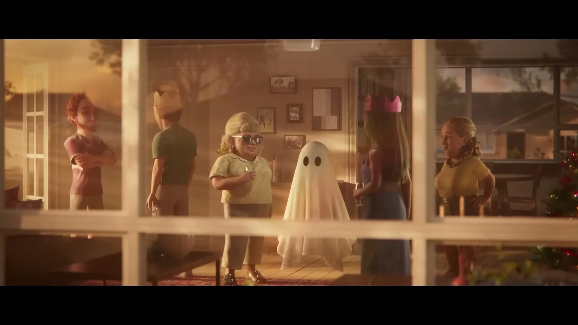 A ghost and four people in a living room, seen through a window, are dancing and having fun during a party.