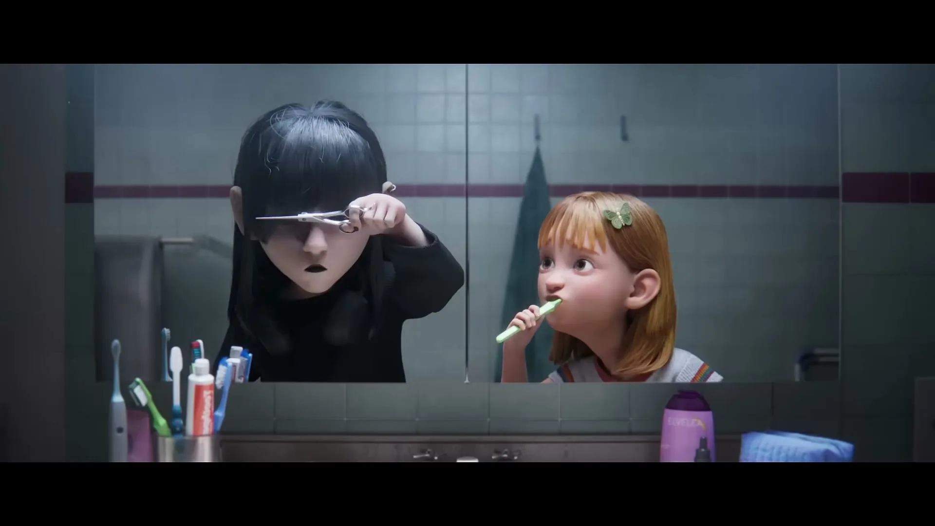 A young girl with red hair brushes her teeth while her reflection, a goth-like girl, cuts her bangs in a bathroom mirror.