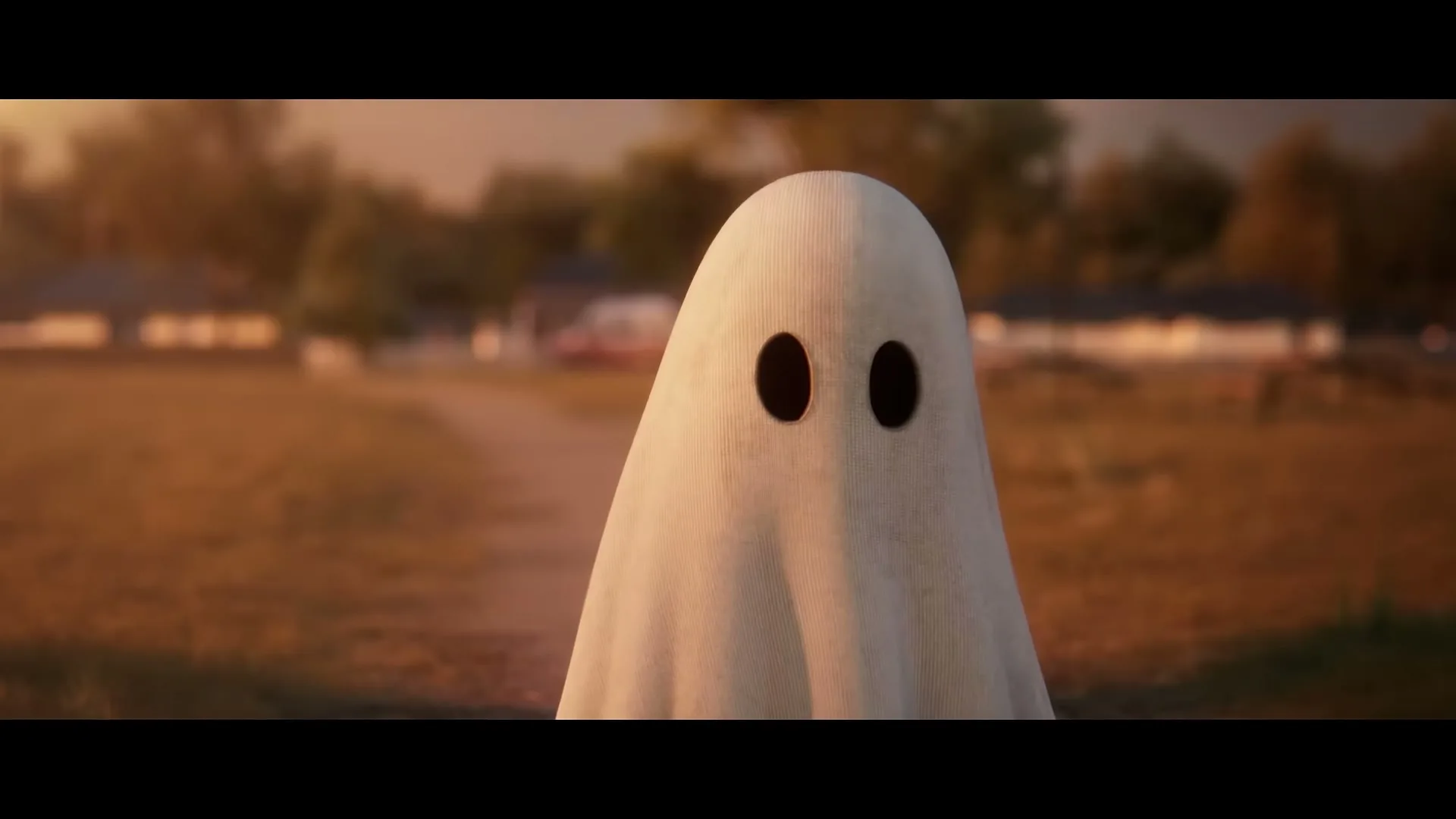 A cute ghost character, made of a white sheet with two black eyeholes, stands in a field at sunset, looking directly at the camera.