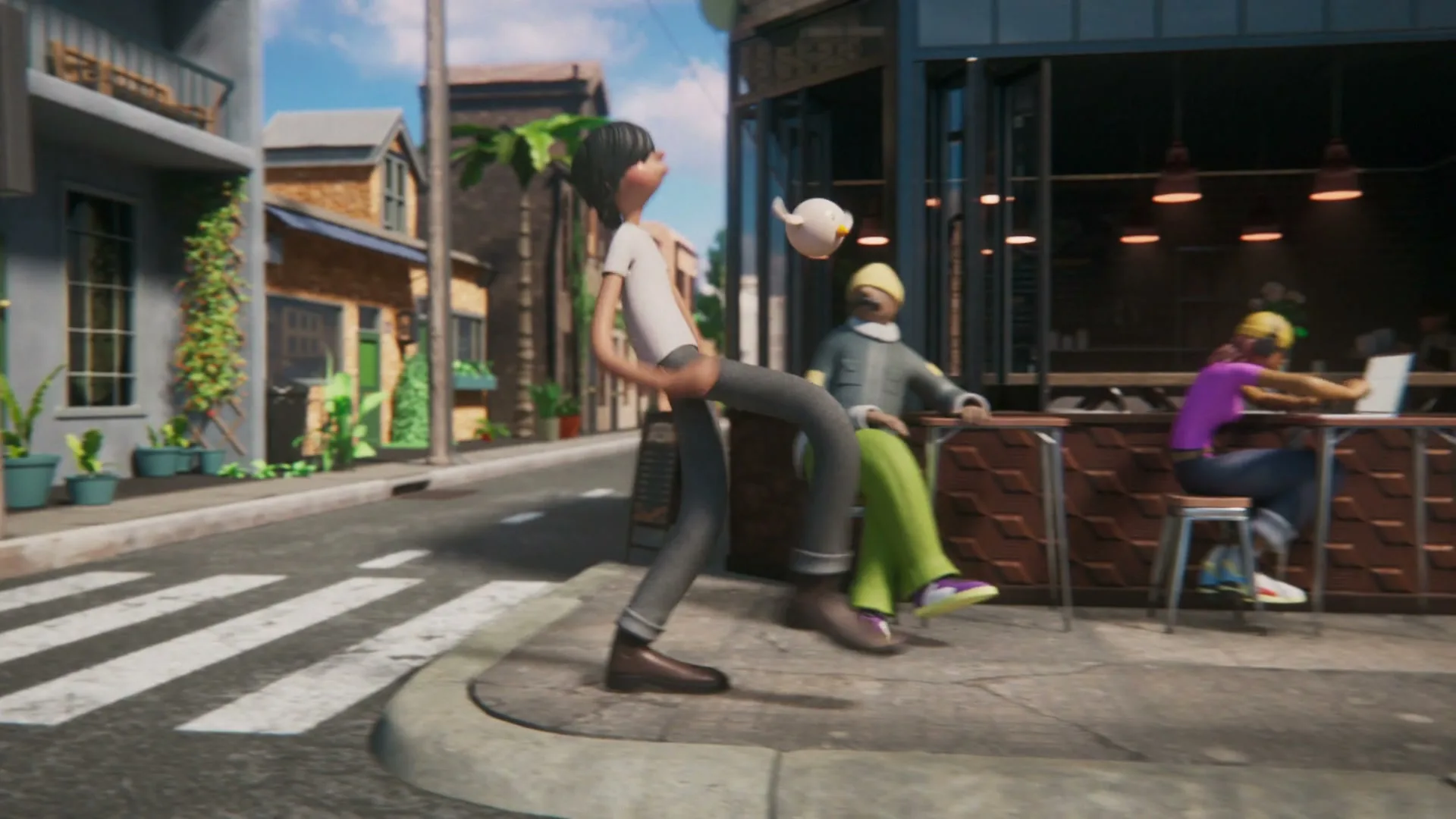 A young animated man with dark hair and a white t-shirt opens a door and steps outside, dancing with a small white bird on a city street.