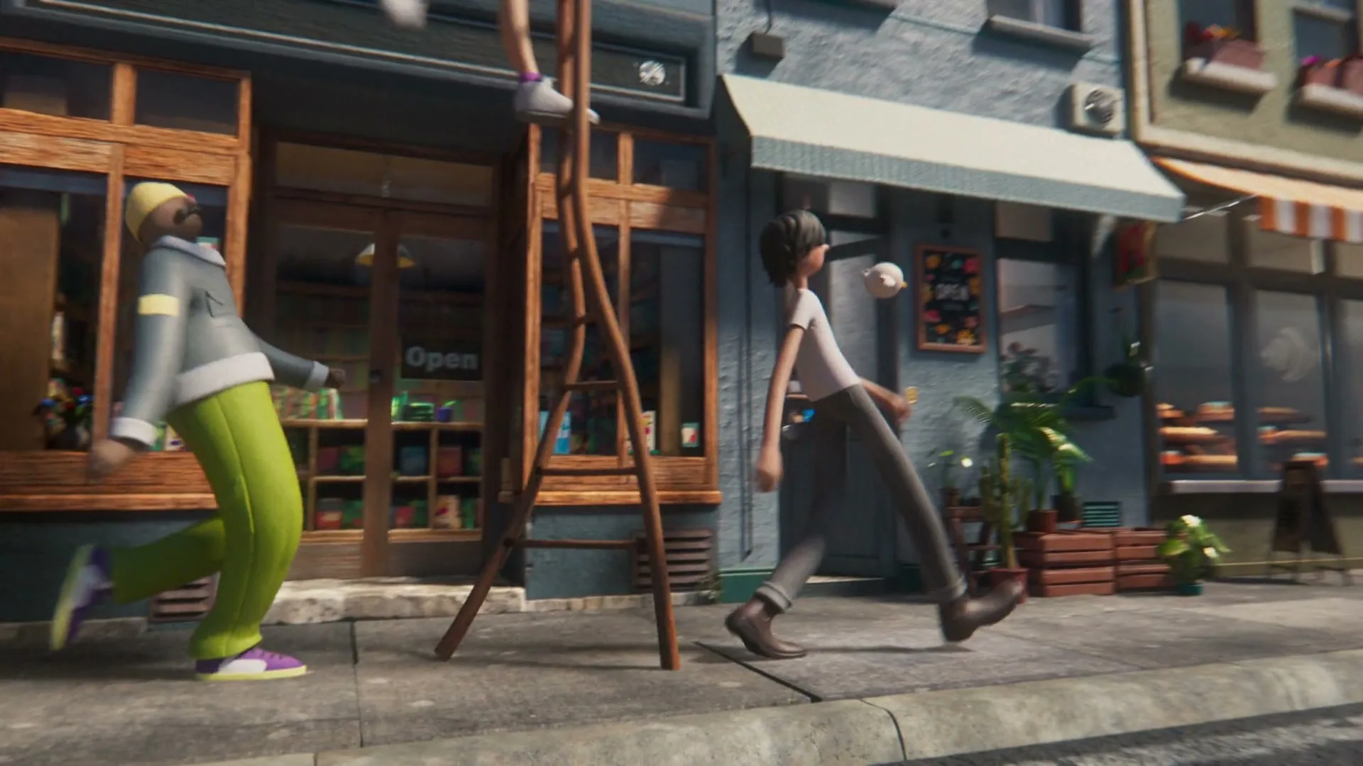 A diverse group of animated people, including a man in a white t-shirt and grey pants, walk and climb on a ladder in front of a bookstore on a sunny day.