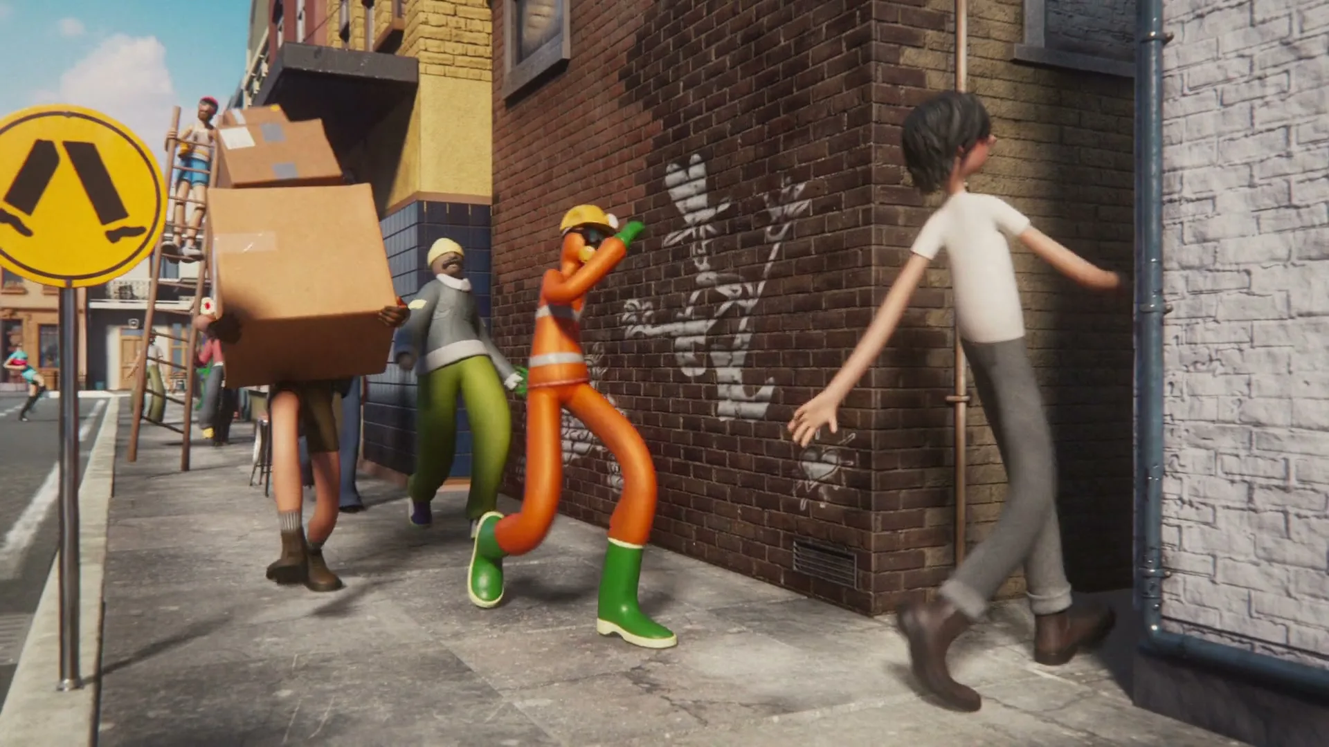 A group of diverse animated characters with long limbs walk down a city street, one carrying boxes, another painting graffiti, and others dancing.