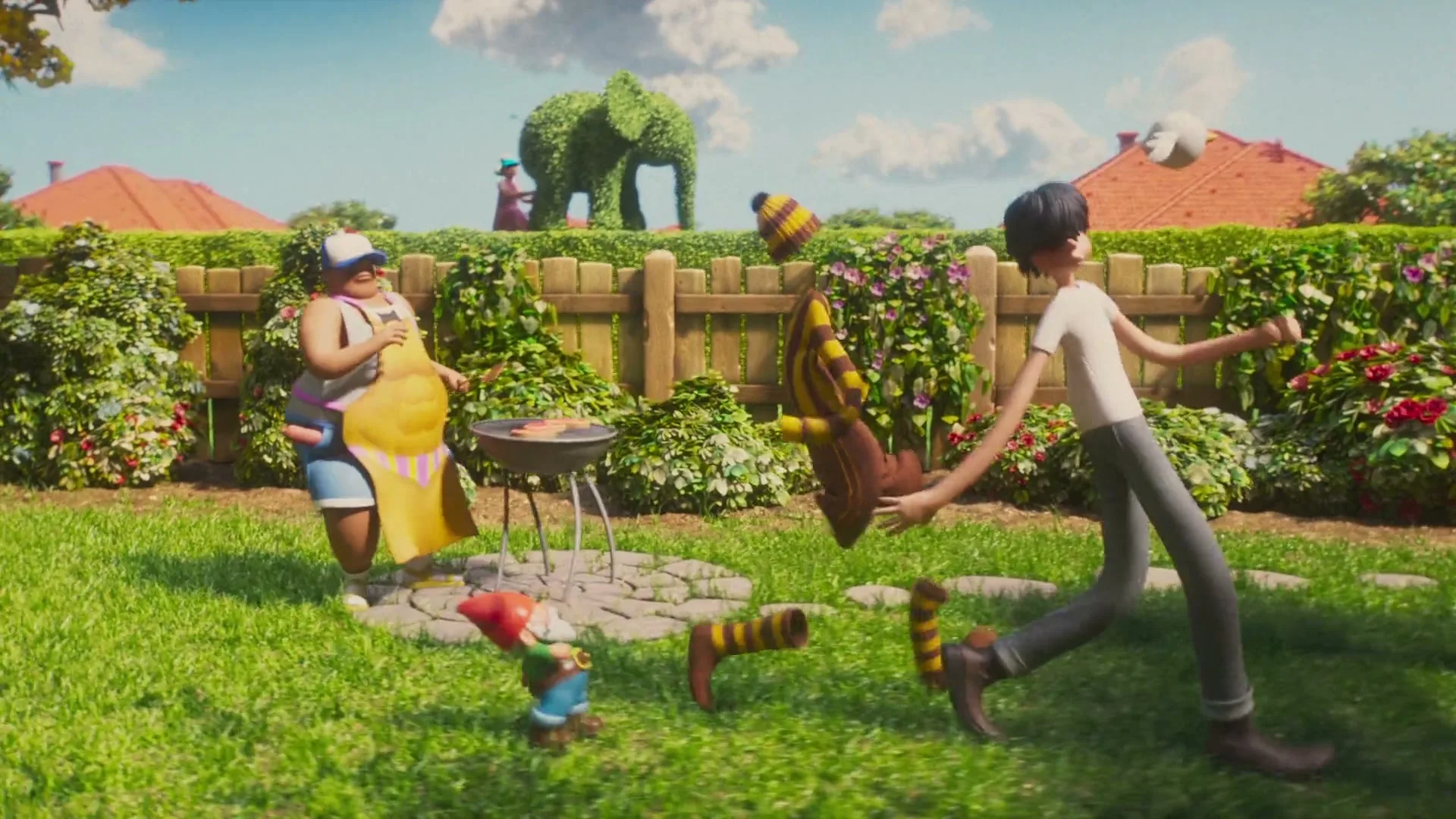 Two animated men, one in an apron and the other with long limbs, are having a chaotic barbecue in a sunny suburban backyard.
