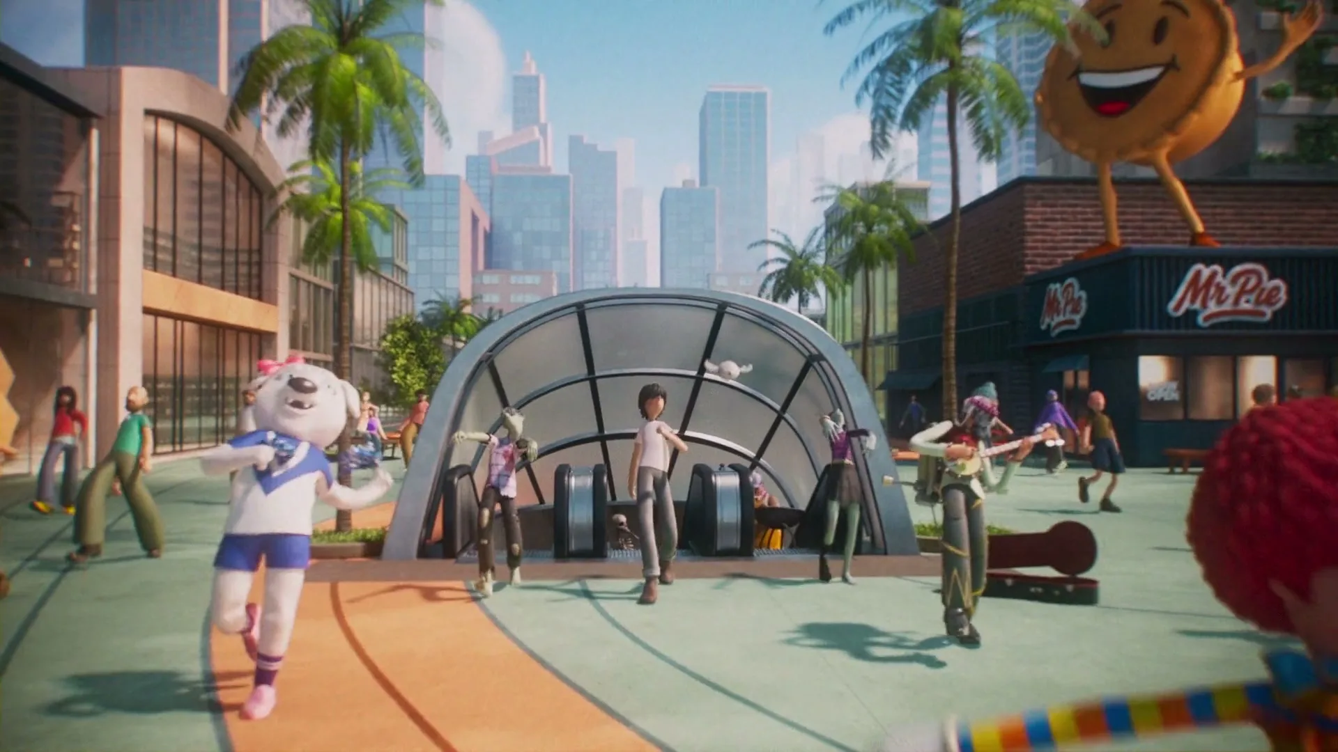A young animated woman exits a subway station escalator into a bustling city square filled with diverse animated characters and palm trees.