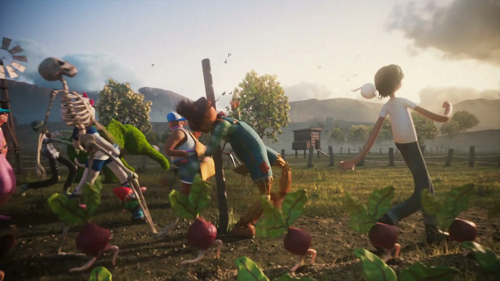 A diverse group of animated characters, including a scarecrow and a skeleton, are dancing and running through a field of beets on a sunny day.
