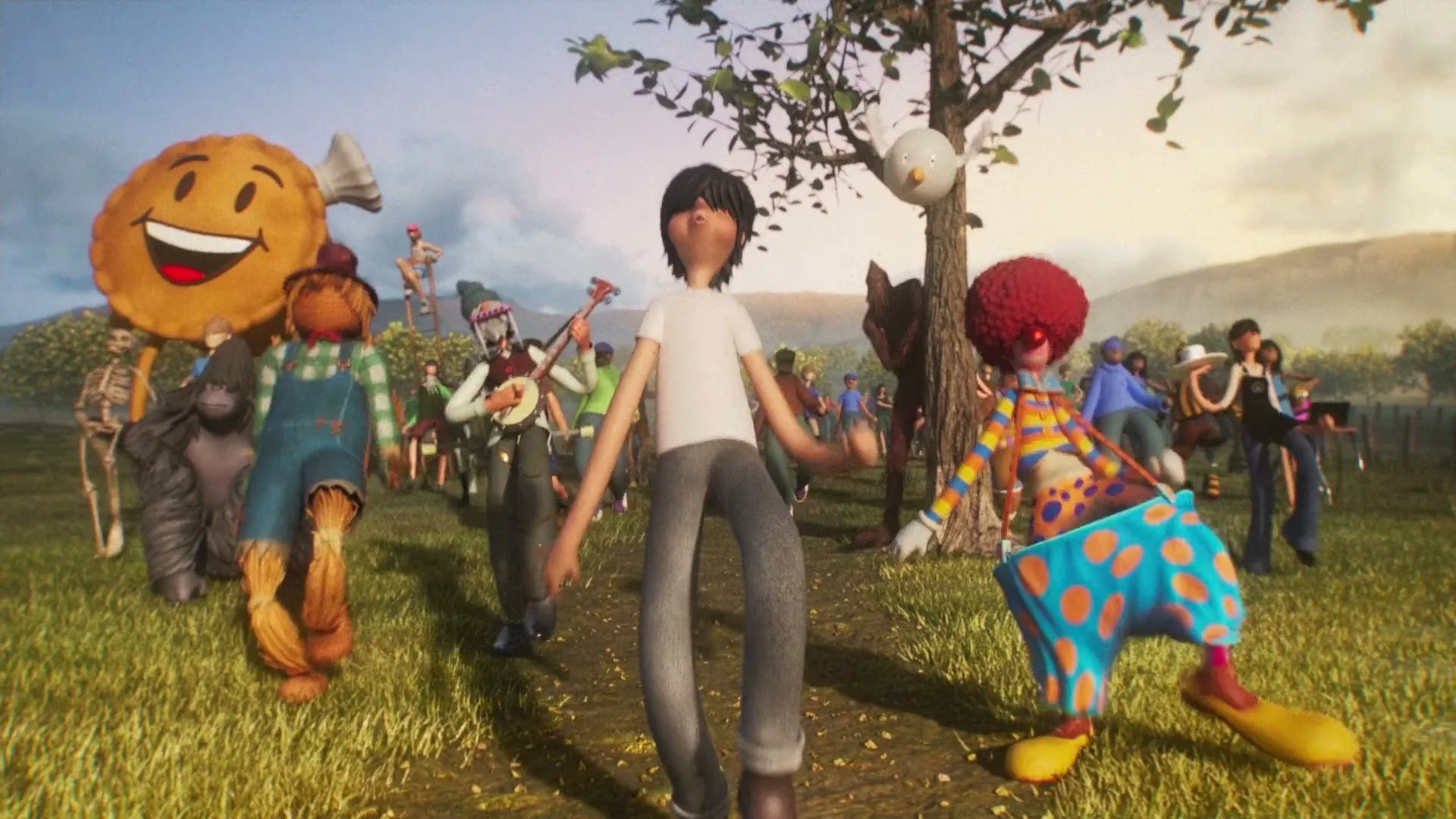 A diverse crowd of animated characters, including a boy, a scarecrow, and a clown, walk along a grassy path in a vibrant, open field under a bright sky.