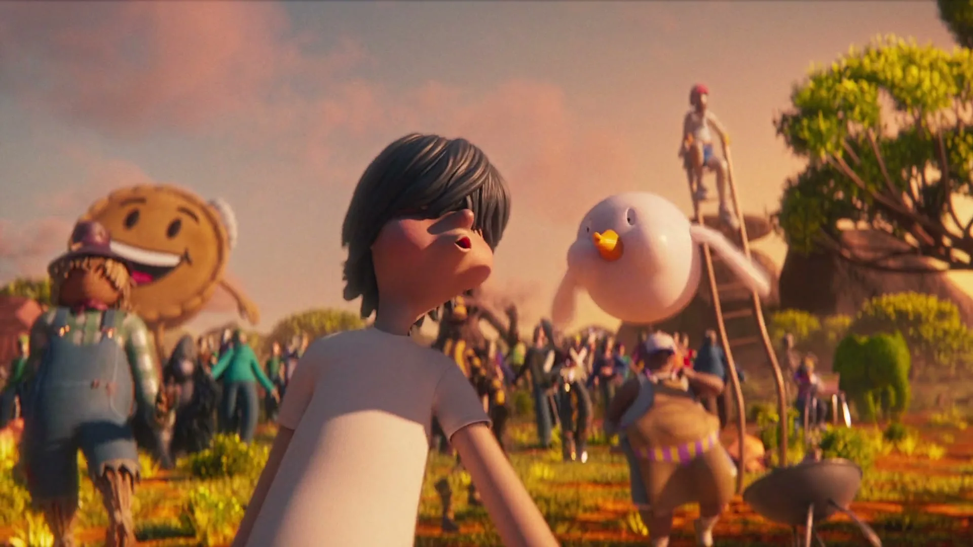 A young boy with dark hair and a white shirt looks up at a flying white bird with an orange beak, surrounded by a crowd of diverse animated characters in a sunny field.
