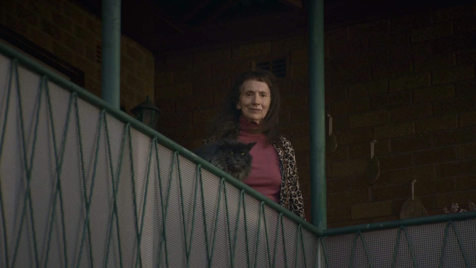 A woman with long dark hair and a black cat stand on a balcony, looking out with a slight smile on her face.