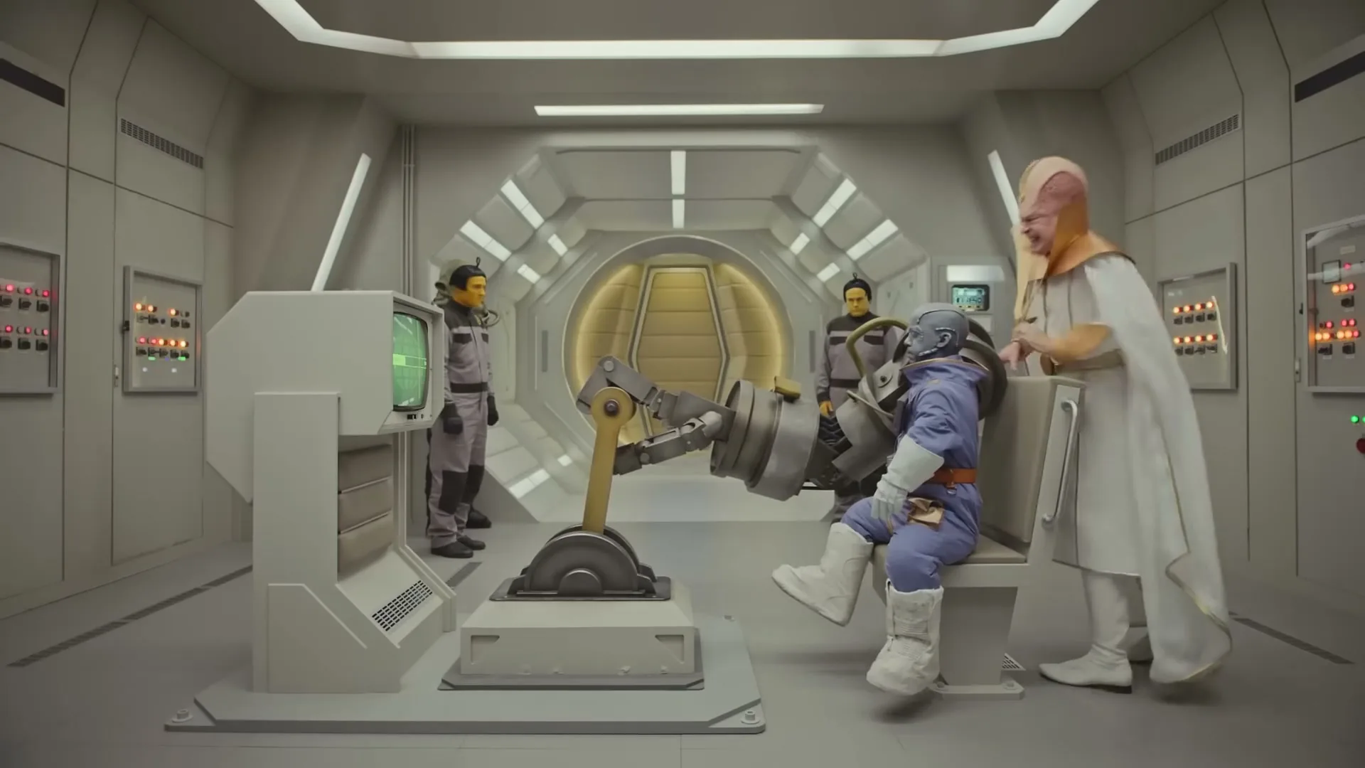 A group of aliens in a futuristic spaceship control room, with one alien operating a large lever and another observing.