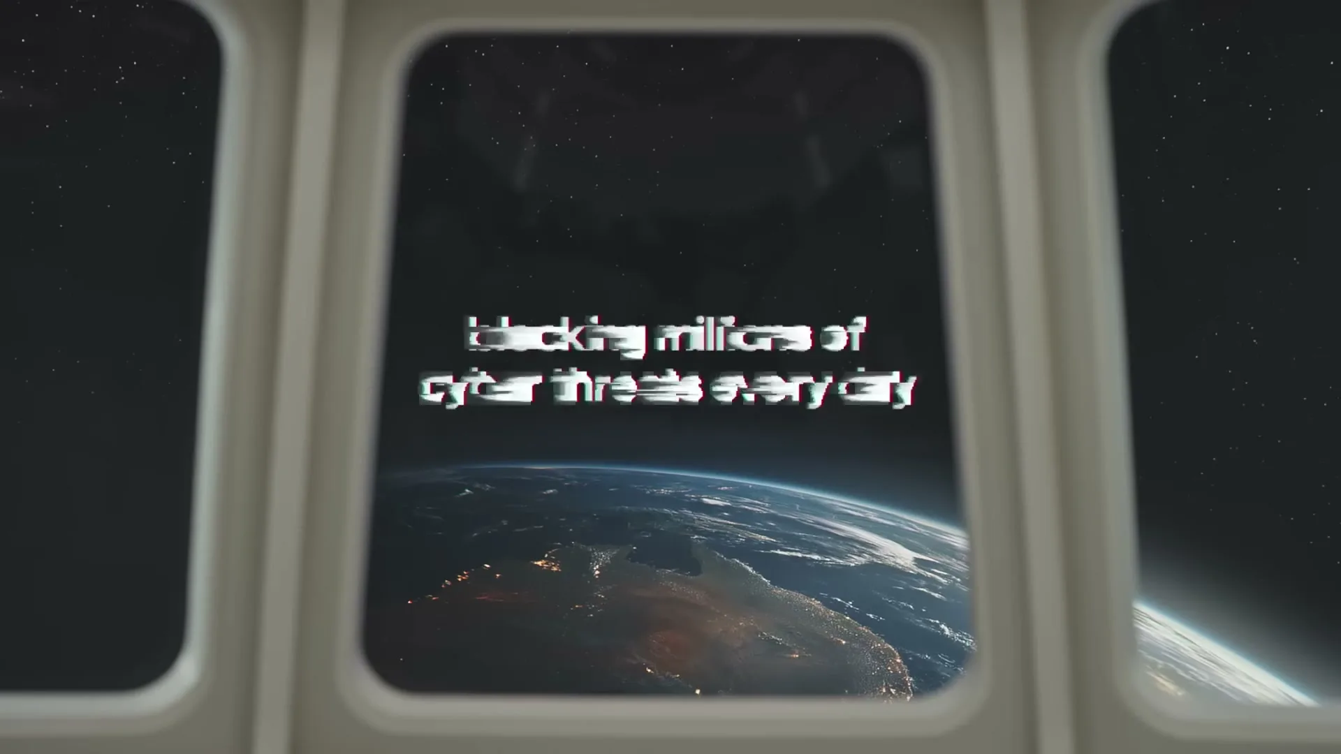 A view from a spaceship window shows Earth at night with city lights, as text about cyber threats and a brand logo appear on screen.