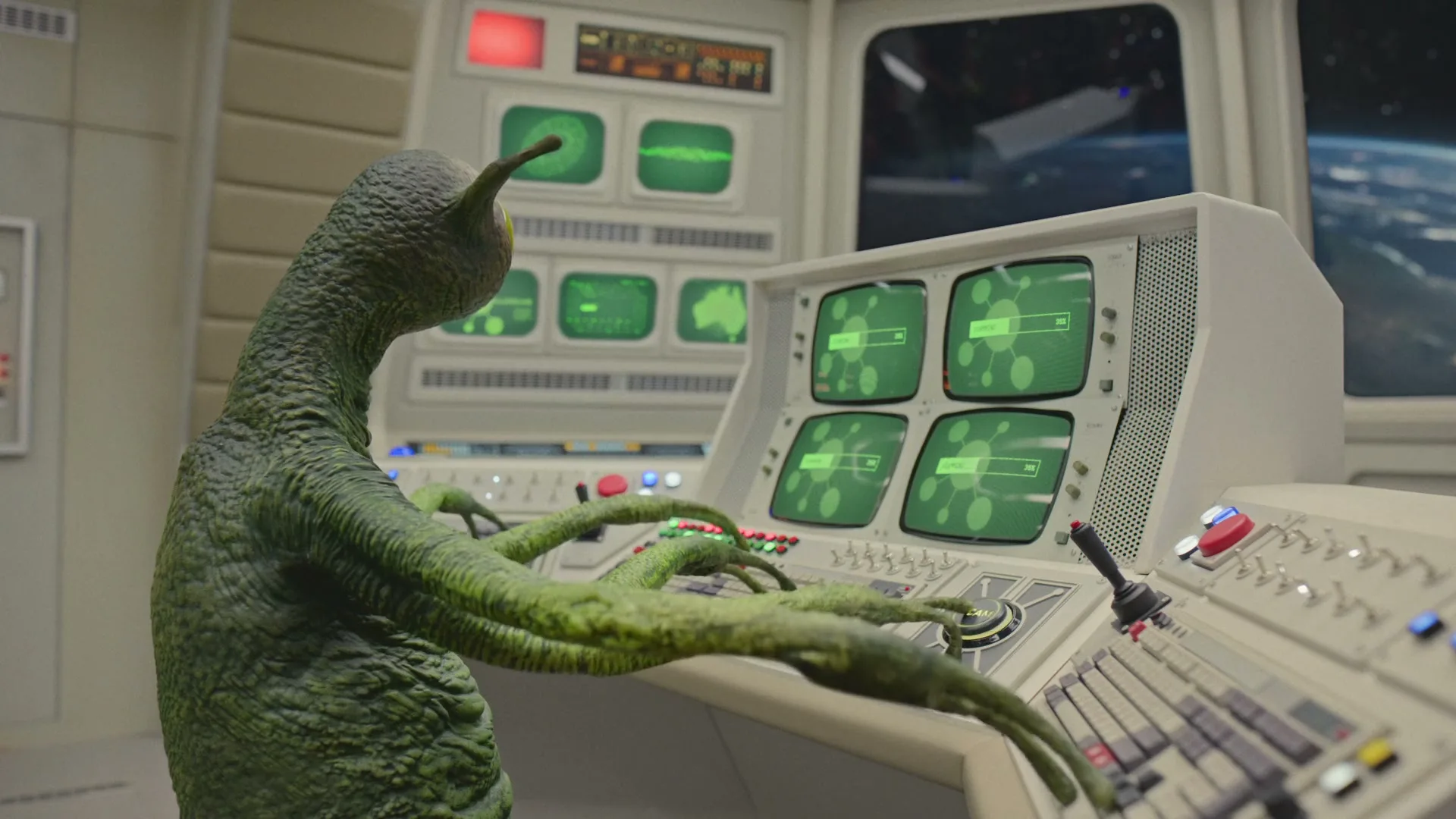 A green alien with long fingers operates a retro-futuristic control panel with multiple green screens in a spaceship.