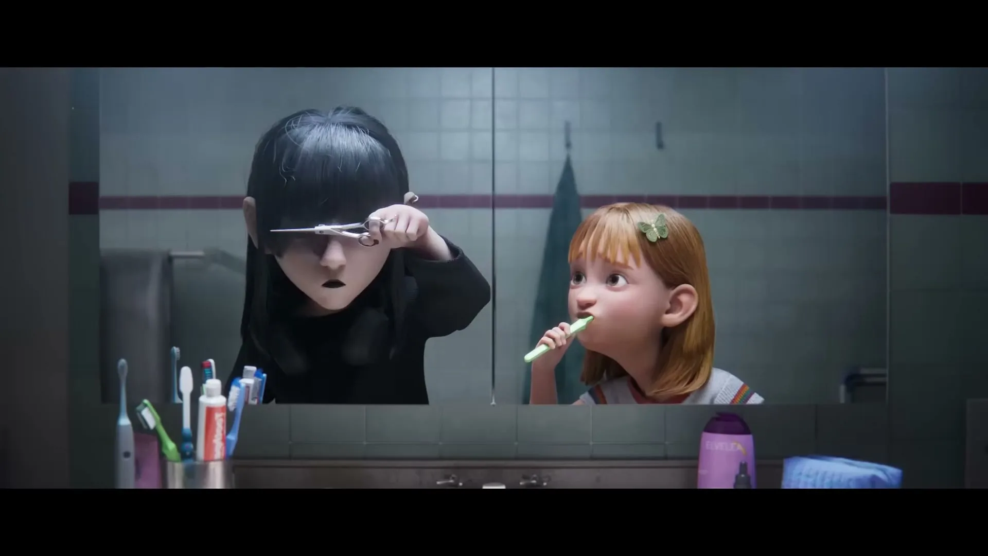 Two animated girls, one with black hair cutting her bangs and another with red hair brushing her teeth, are reflected in a bathroom mirror.
