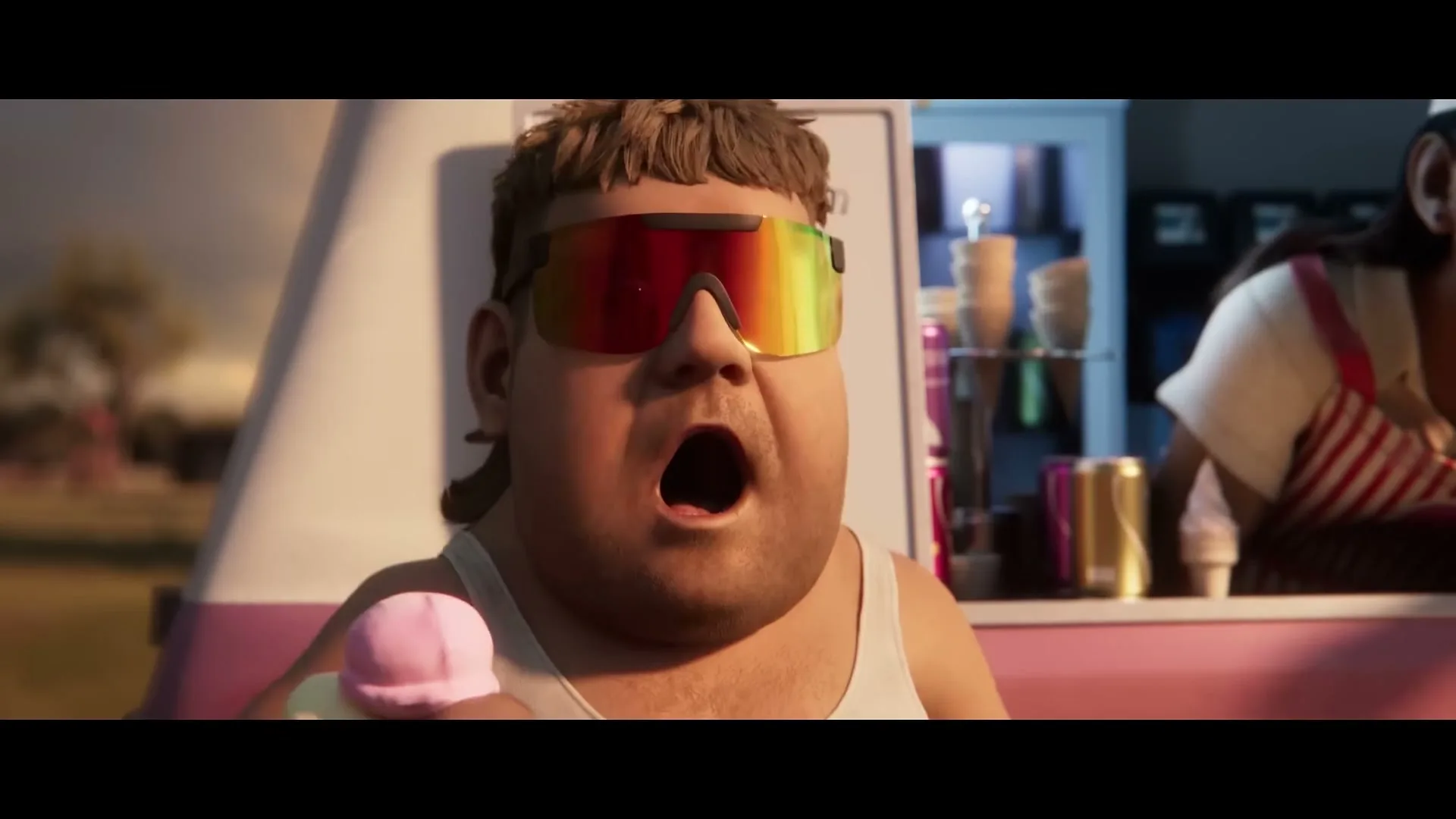 An animated man with a mullet and sunglasses holds an ice cream cone, looking surprised next to an ice cream truck.