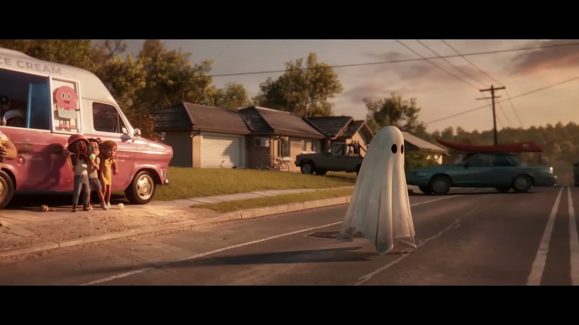 A ghost-like figure walks down a suburban street as children gather around an ice cream truck, with houses and cars in the background.