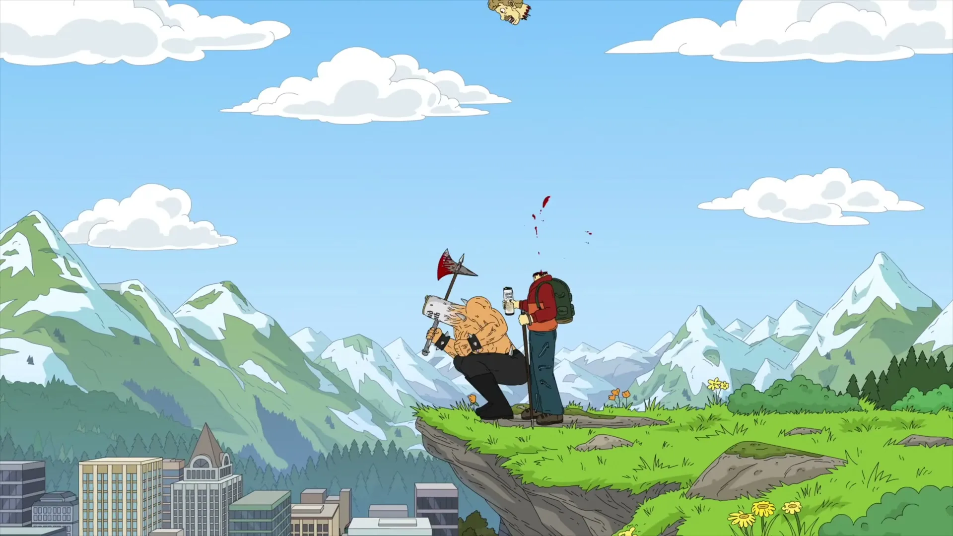 A male hiker stands on a cliff overlooking a city and mountains, then a muscular man with an axe runs up and decapitates him.