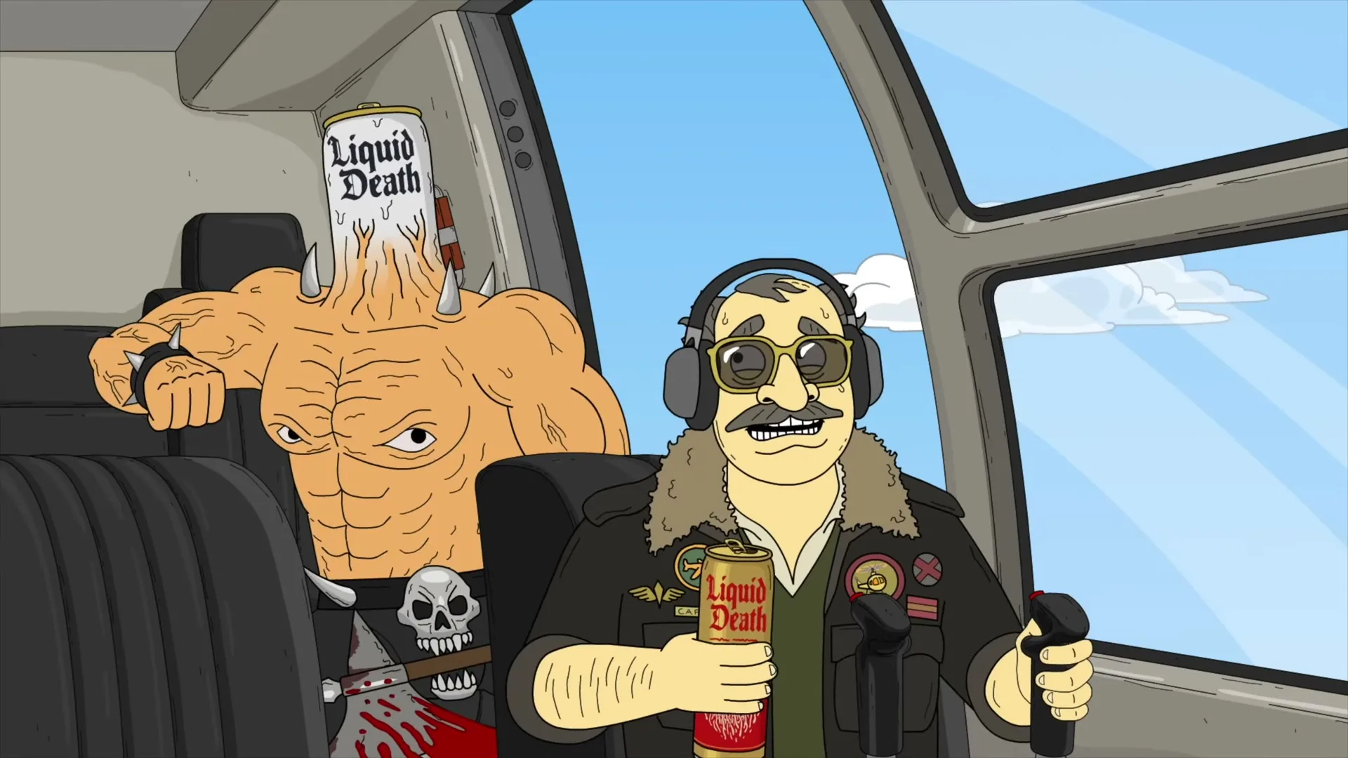 A cartoon pilot with a mustache and sunglasses flies a helicopter, holding a can of Liquid Death, while a muscular, spiked monster with a Liquid Death can on its head sits behind him.