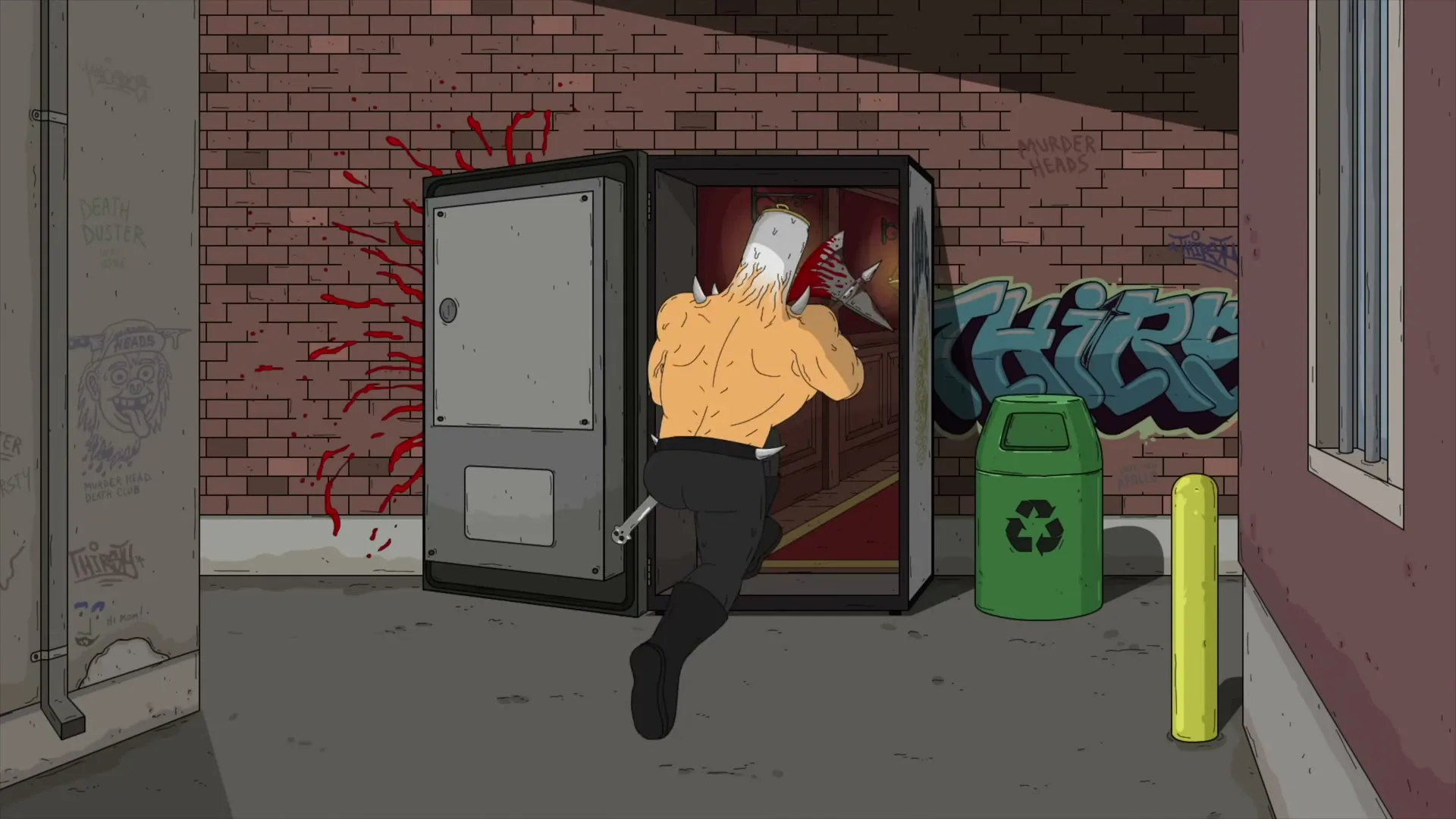 A muscular, shirtless man with white hair and spikes on his head, wearing black pants, runs into a dark doorway, leaving blood splatters on the brick wall.