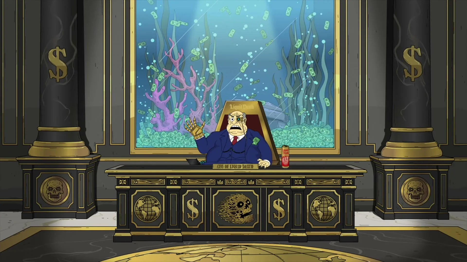 A cartoon CEO with a robotic hand sits at a lavish desk in an office with an aquarium filled with money and coral.