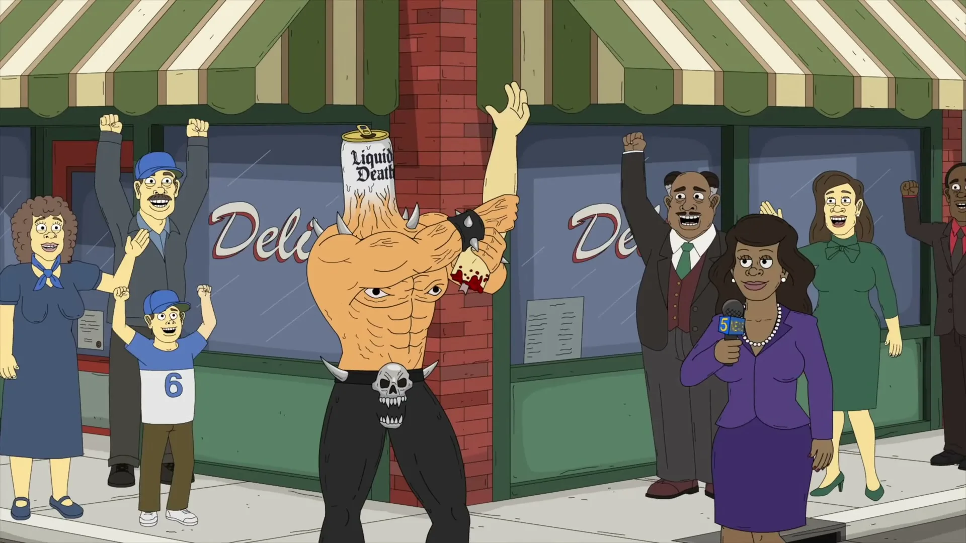 A muscular, can-headed man with spikes and a skull belt stands on a street corner, surrounded by cheering animated people and a reporter.