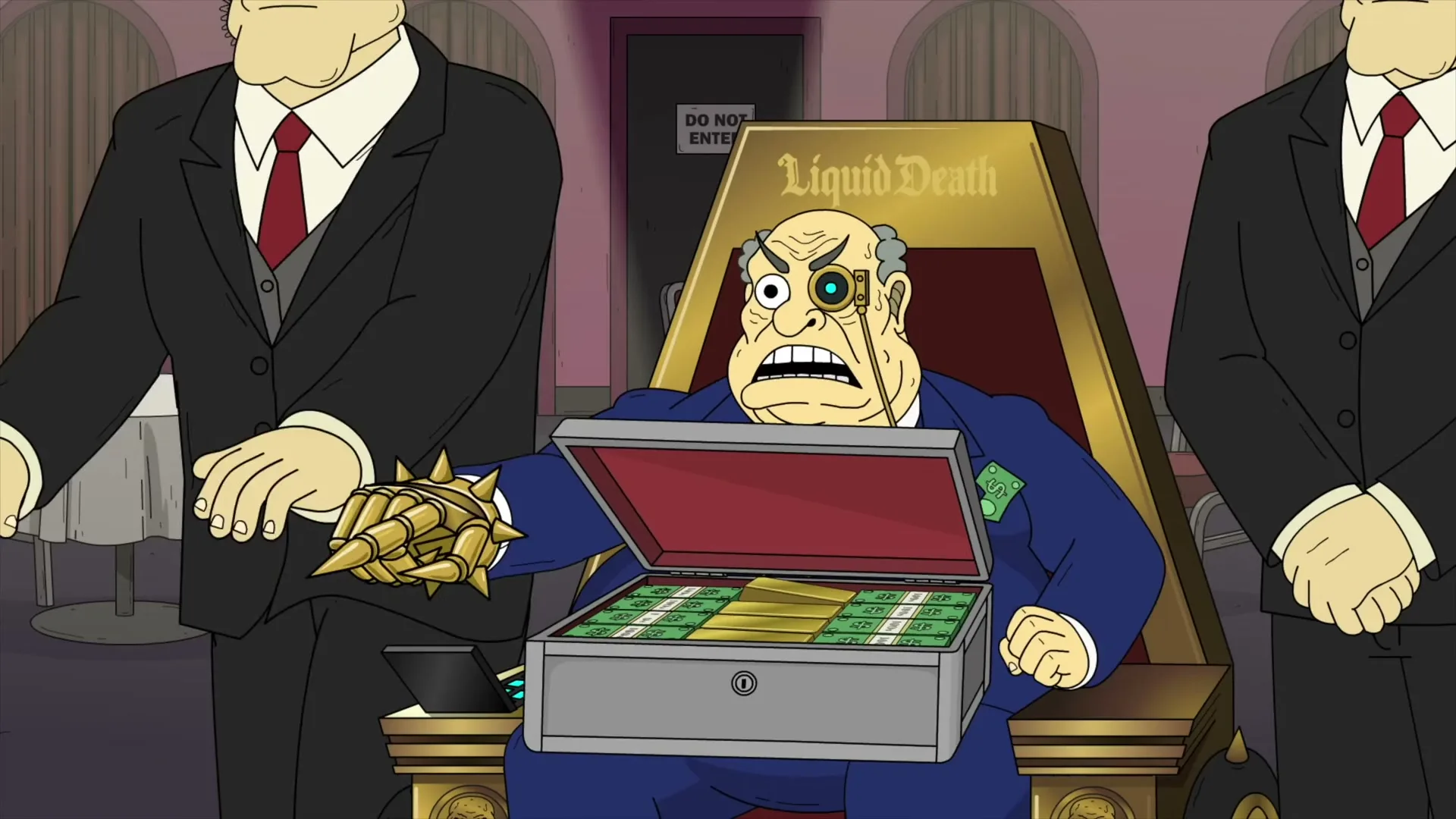 A wealthy, angry old man with a cybernetic arm sits on a golden throne, holding a briefcase full of money, as two bodyguards stand beside him in a restaurant.