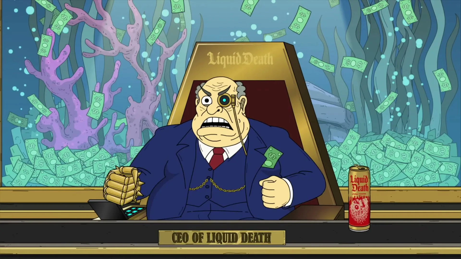An animated, portly, bald man with a monocle and a golden gauntlet sits at a desk, looking angry, with money floating in a tank behind him.