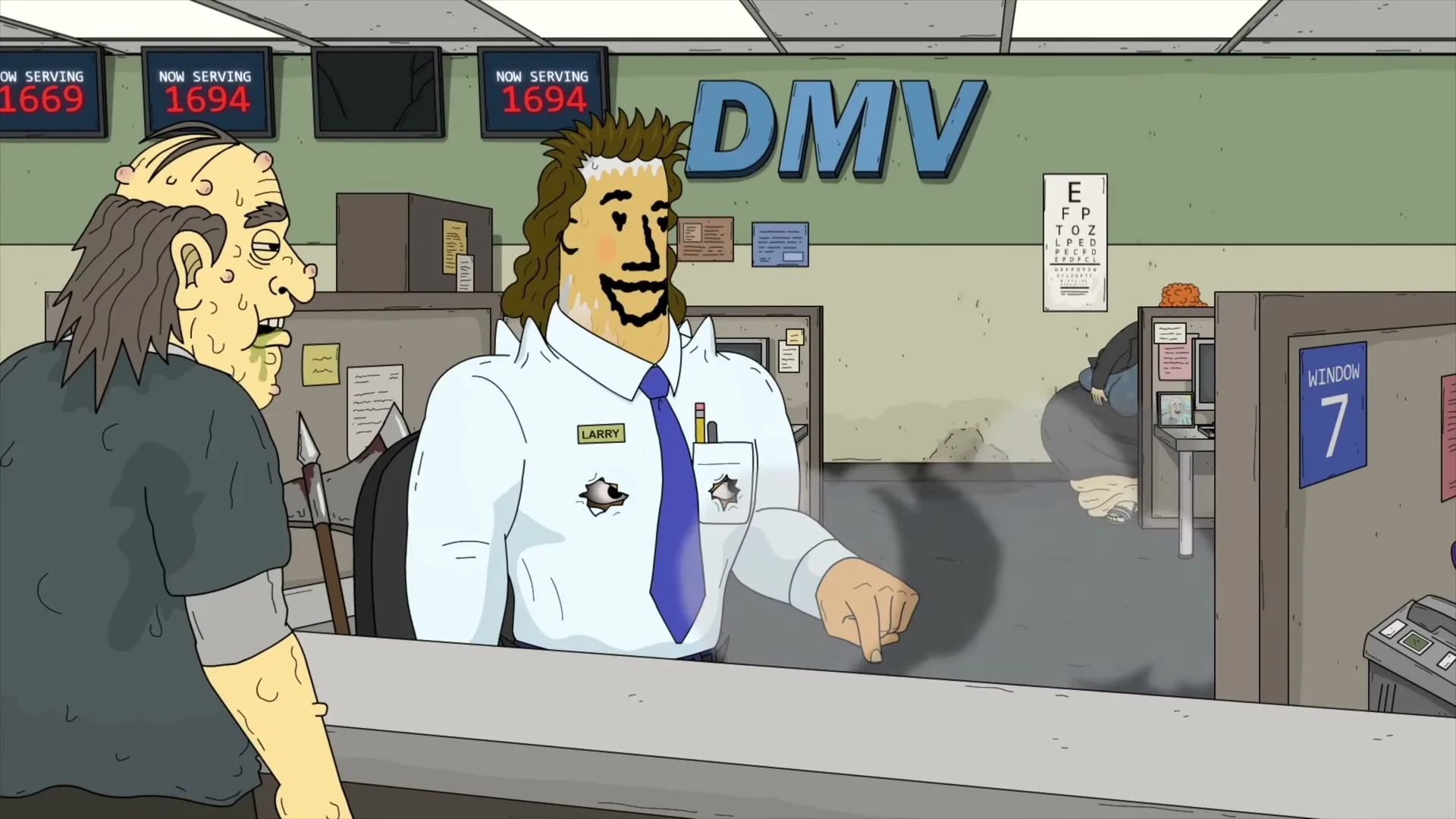 A man with a mullet and a name tag that says "Larry" points at a counter while a disheveled man with an axe stands opposite him in a DMV.