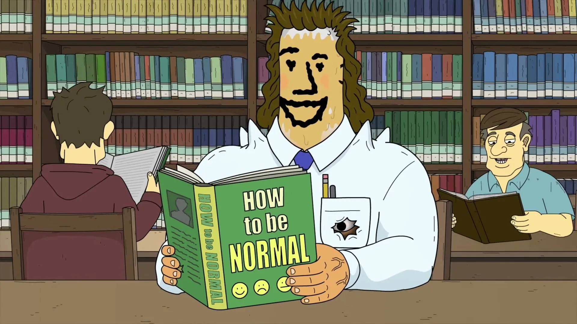 A muscular man with long hair and a drawn-on face reads a book titled "How to be NORMAL" in a library, surrounded by other people reading.