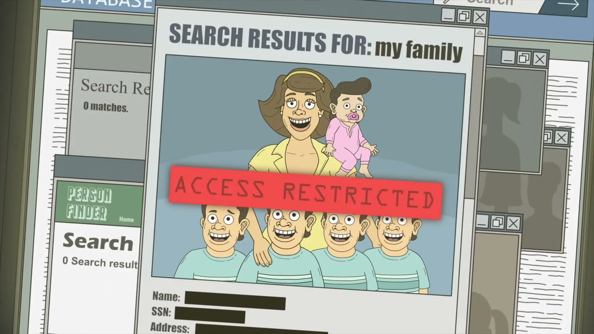 A person in a white lab coat looks at a computer screen displaying a "DMV DATABASE" search result for "my family" with an "ACCESS RESTRICTED" overlay.