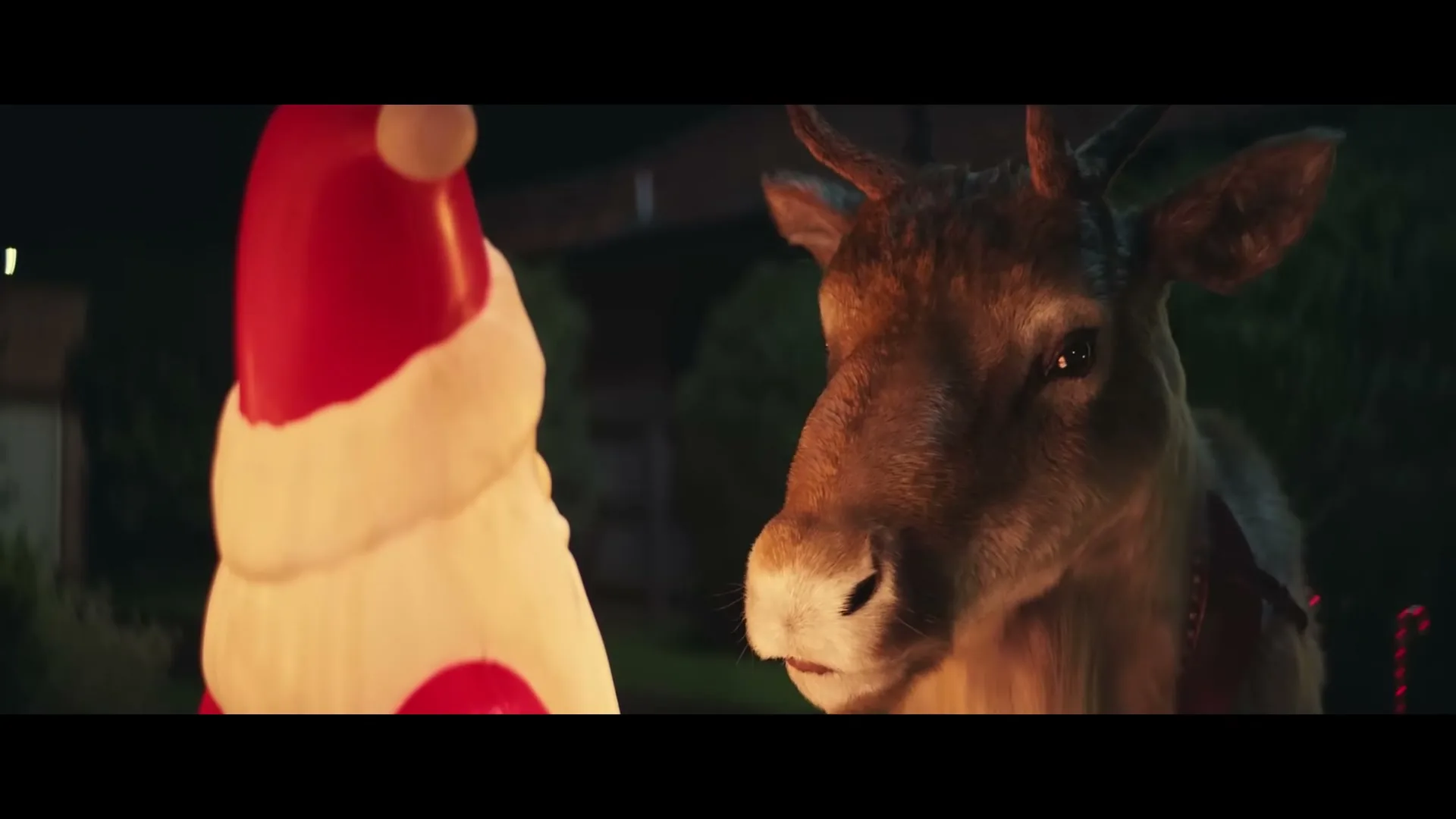 A reindeer with small antlers looks at a glowing inflatable Santa Claus decoration at night in a suburban yard.
