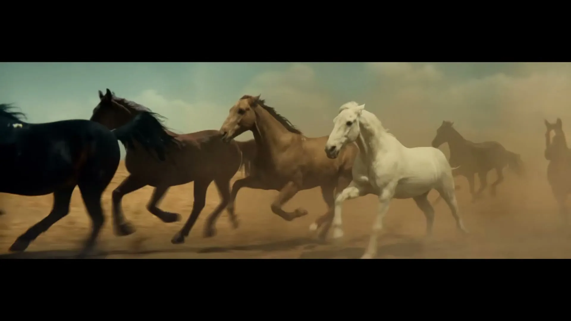 A herd of wild horses, including black, brown, and white horses, gallop across a dusty, arid landscape under a blue sky.