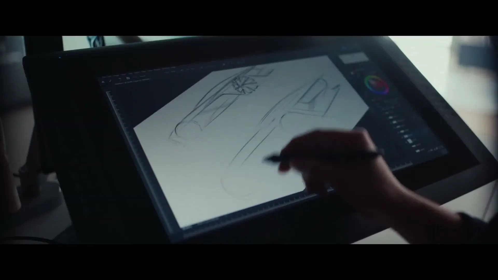 A person's hand draws car designs on a digital tablet with a stylus, in a dimly lit room.