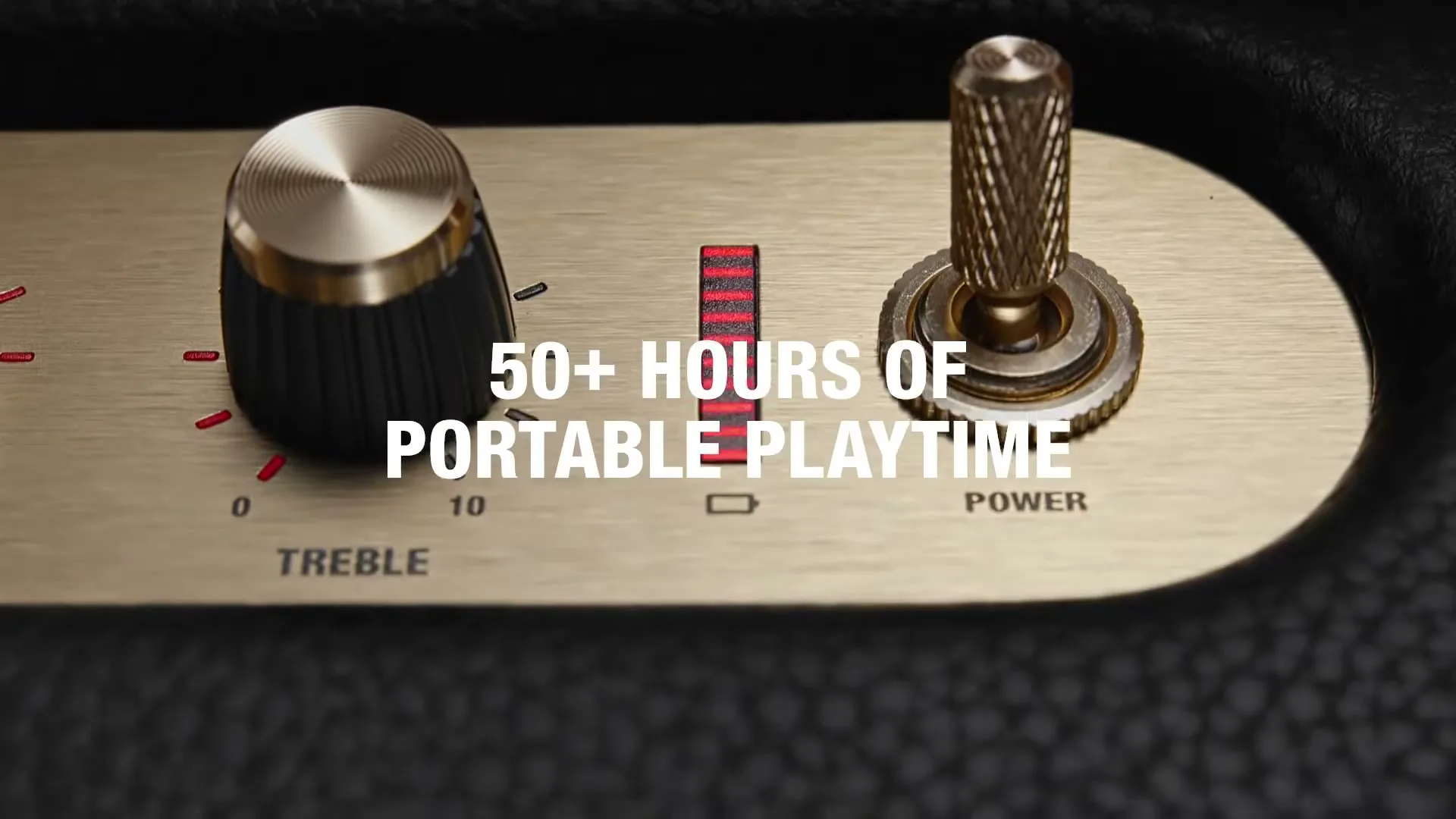 A close-up shot of a Marshall speaker's control panel, featuring a gold-colored plate with black knobs and a power switch, with white text overlay.