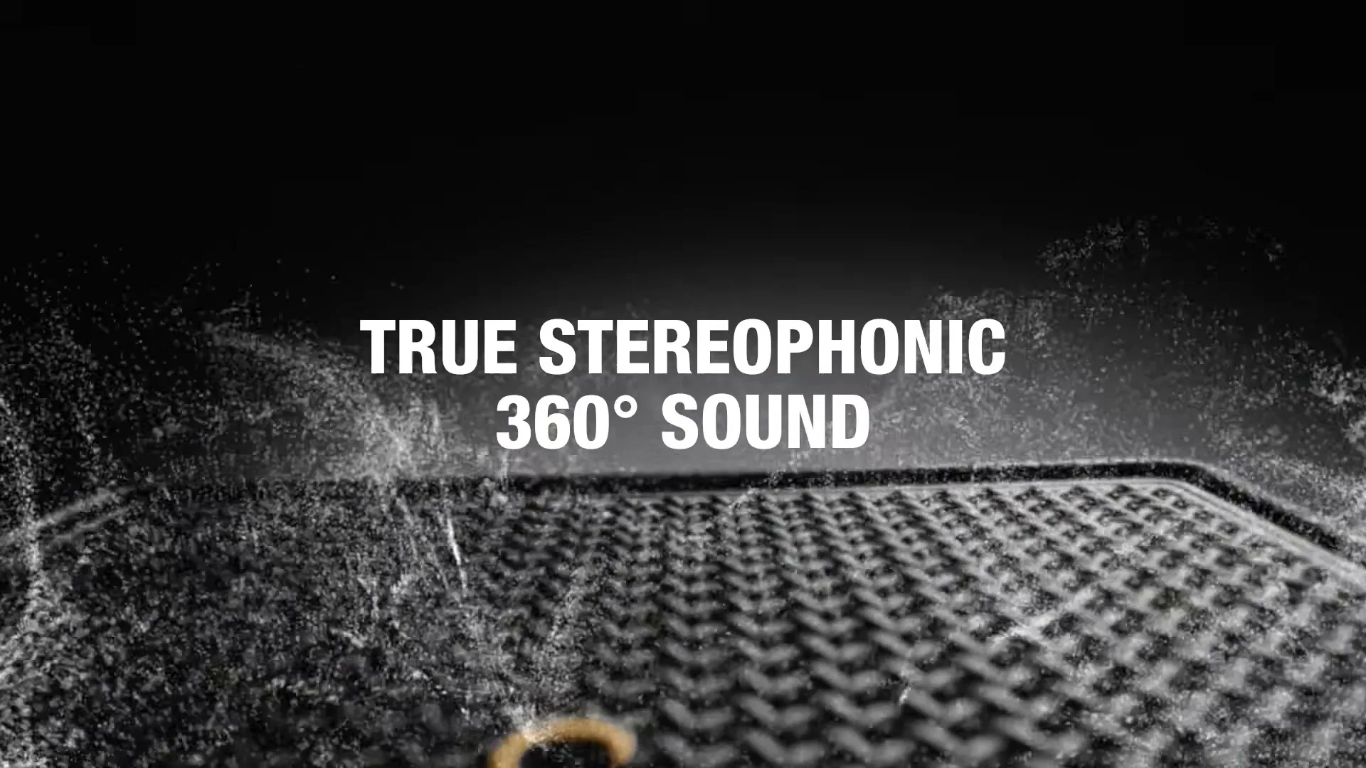 A close-up shot of a black Marshall speaker with a textured surface, as water splashes around it, with the text "TRUE STEREOPHONIC 360° SOUND" displayed prominently.