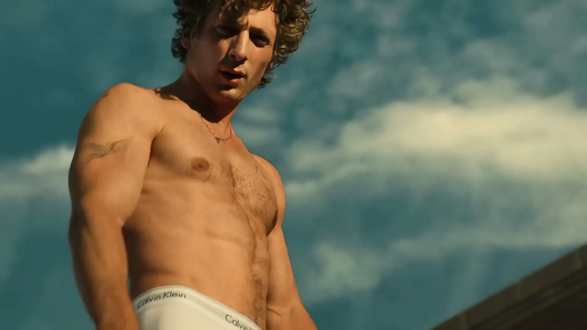 A shirtless man with curly hair and tattoos, wearing white Calvin Klein underwear, looks down at the camera against a blue sky with clouds.