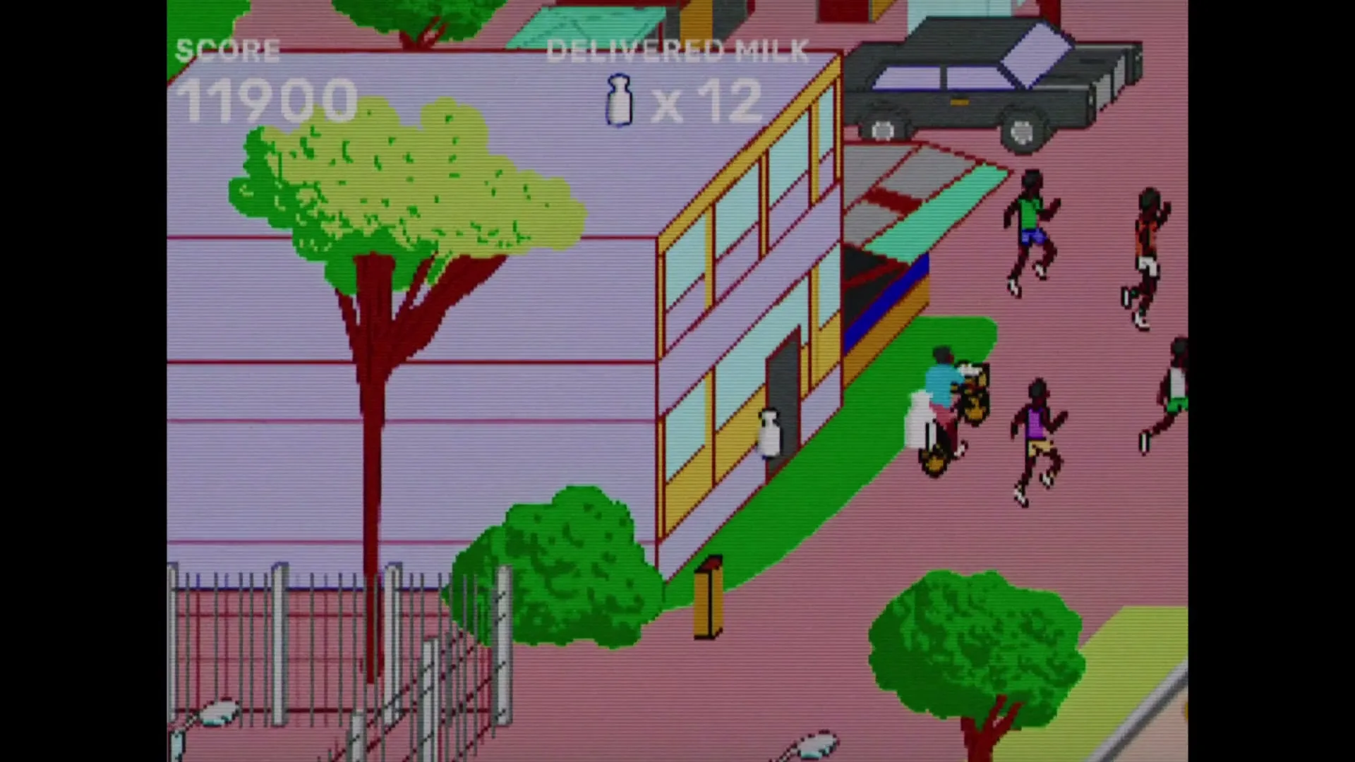 A pixelated video game shows a character on a bicycle delivering milk, while other pixelated characters run around a neighborhood with buildings and trees.