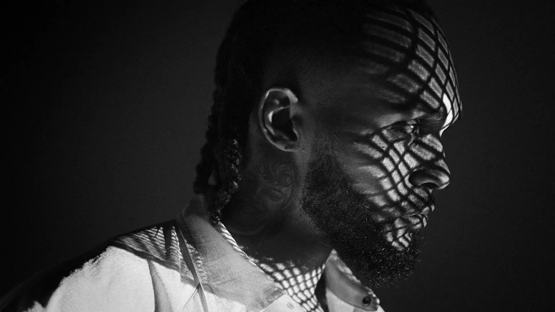 A man with braids and a beard is shown in profile, with a grid pattern of light and shadow cast across his face and shoulder.