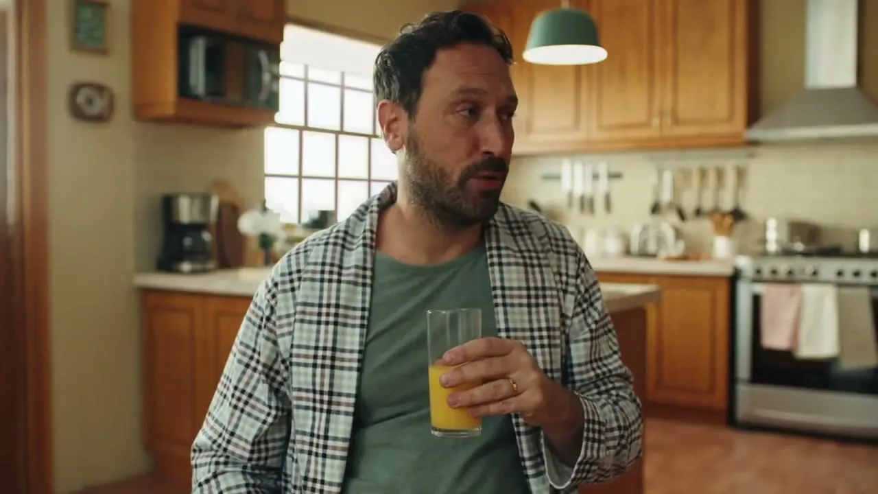 A man in his 30s, wearing a plaid robe, stands in a kitchen and drinks orange juice from a glass.