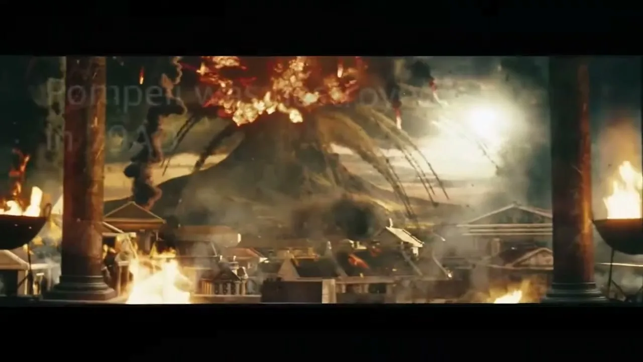 A man in a striped polo shirt stands in a CGI ancient Roman city as a volcano erupts, then the scene transitions to a smart display showing the same scene with text.