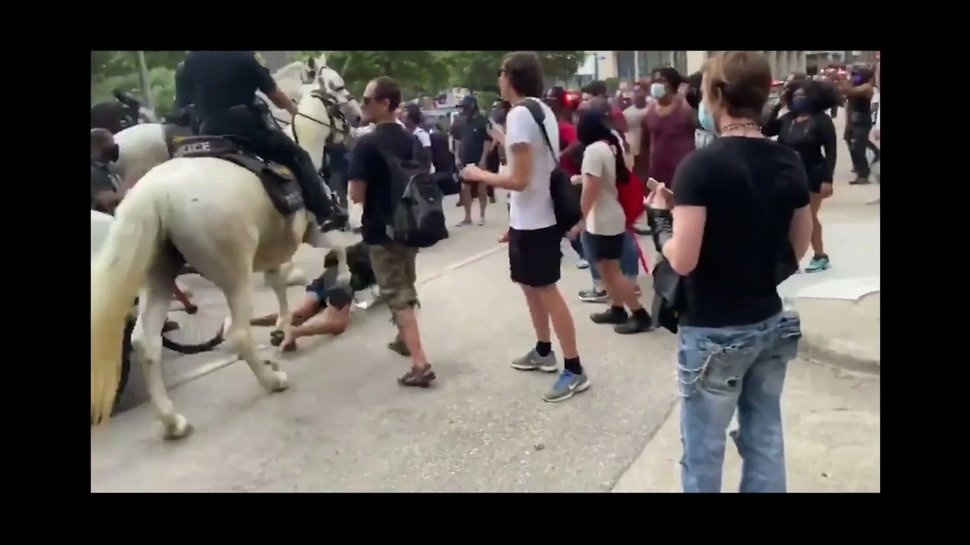 A white horse ridden by a police officer knocks a person to the ground during a protest on a city street.