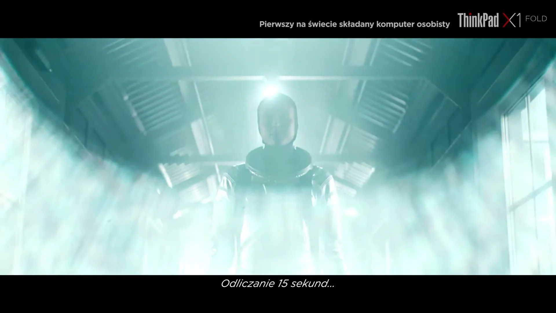 A lone astronaut in a white spacesuit stands in a futuristic, metallic corridor, enveloped in bright, ethereal light and smoke.