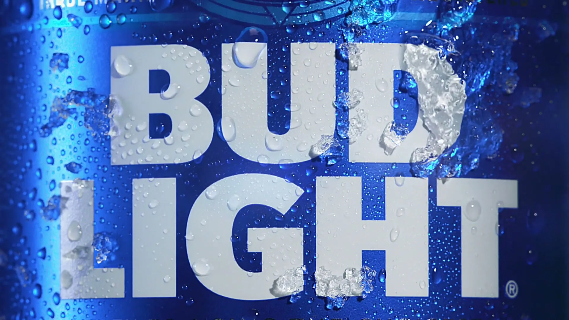 The Bud Light logo is shown on a blue can covered in water droplets and ice, with the camera zooming in slightly.
