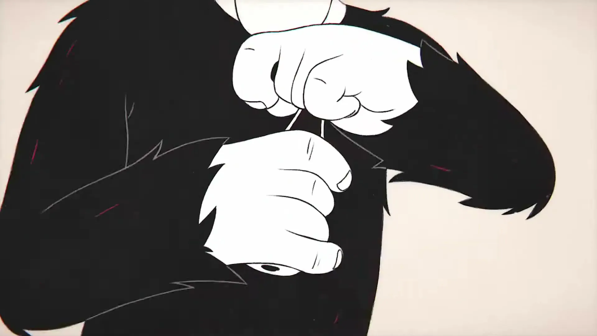 A cartoon character with black fur and white hands holds a small Coca-Cola bottle, preparing to open it against a light background.