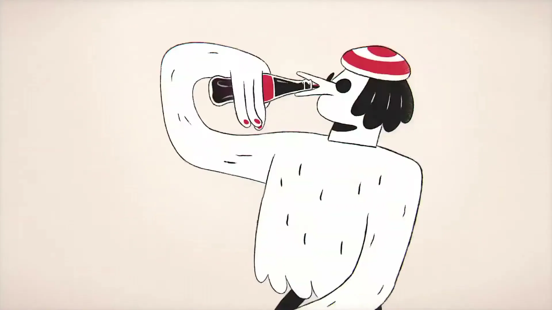 A stylized animated character with red hair and a striped shirt drinks from a Coca-Cola bottle against a plain background.