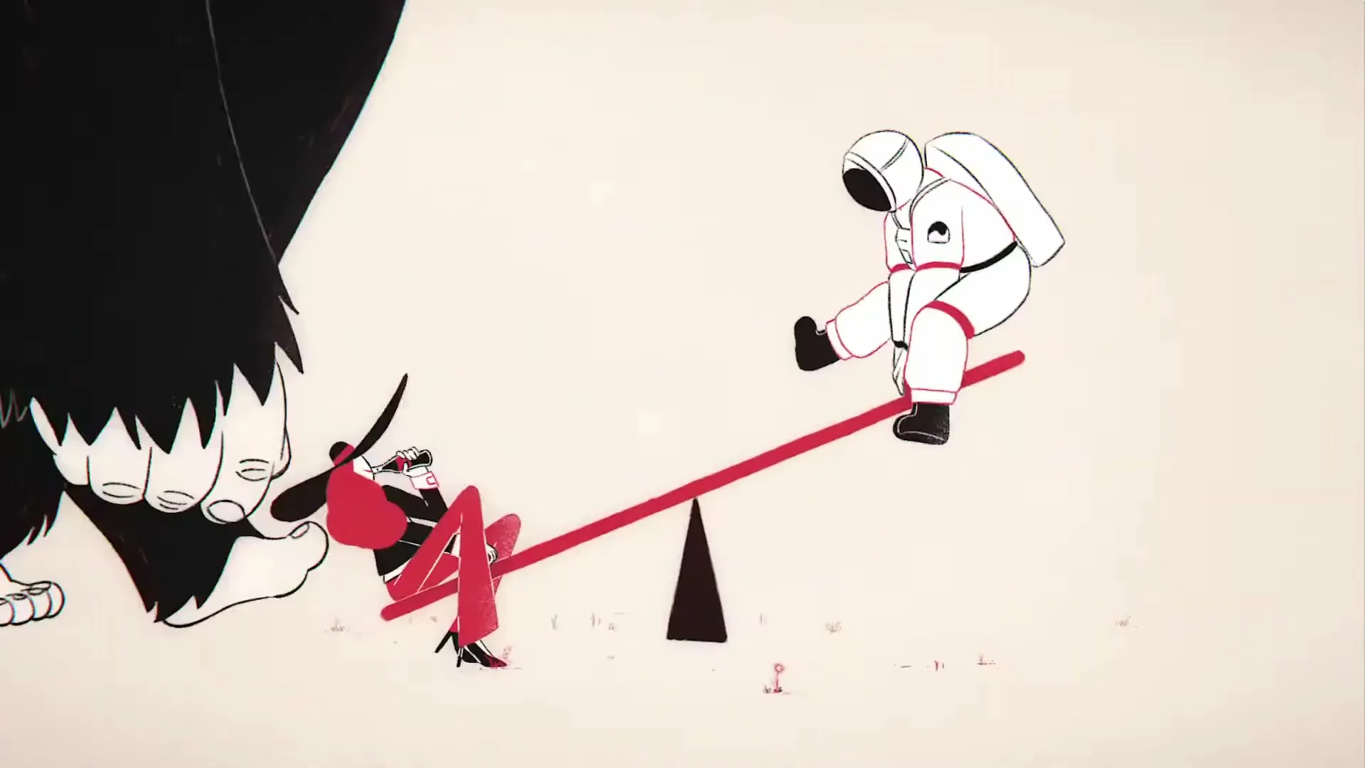 A woman in a black hat and red pants balances on a seesaw with an astronaut, while a giant gorilla watches and then drinks a tiny Coke.